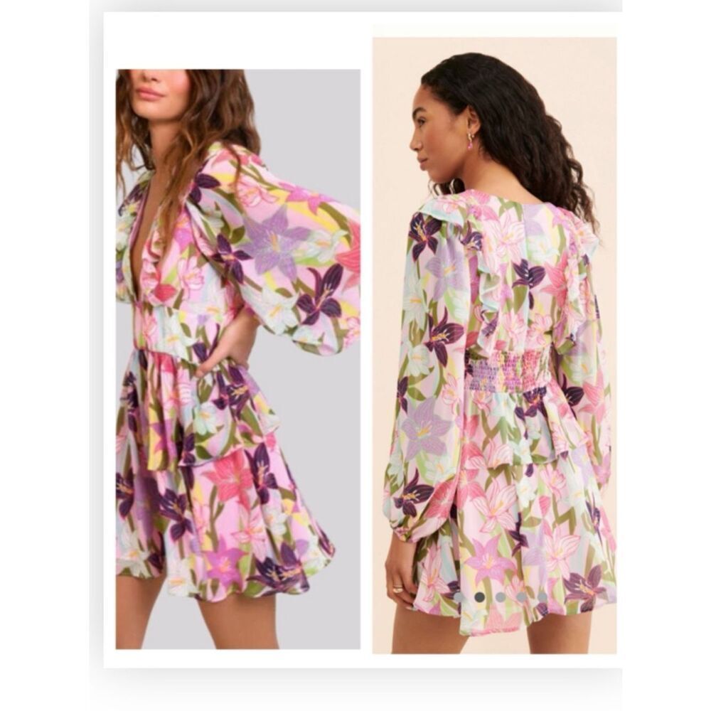 Hutch Anthropologie Floral Long Sleeve Mini Dress in Pink, Purple, Green NWT